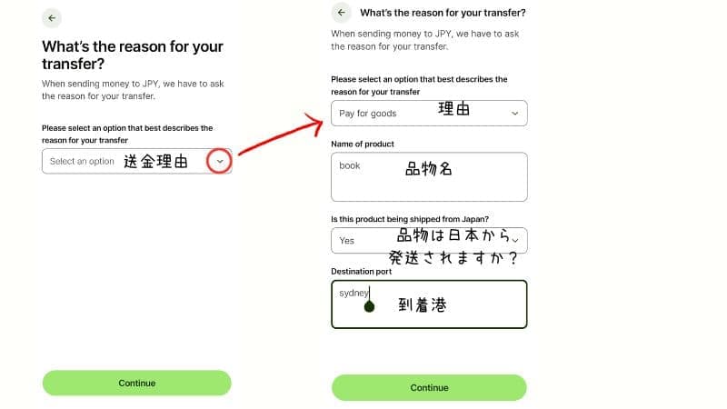 Wise（ワイズ）の送金理由の画面画像