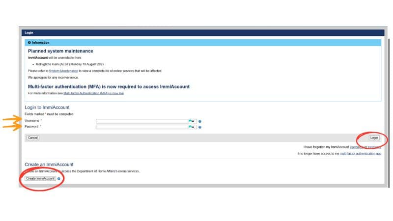オーストラリアImmiAccountのログインページ